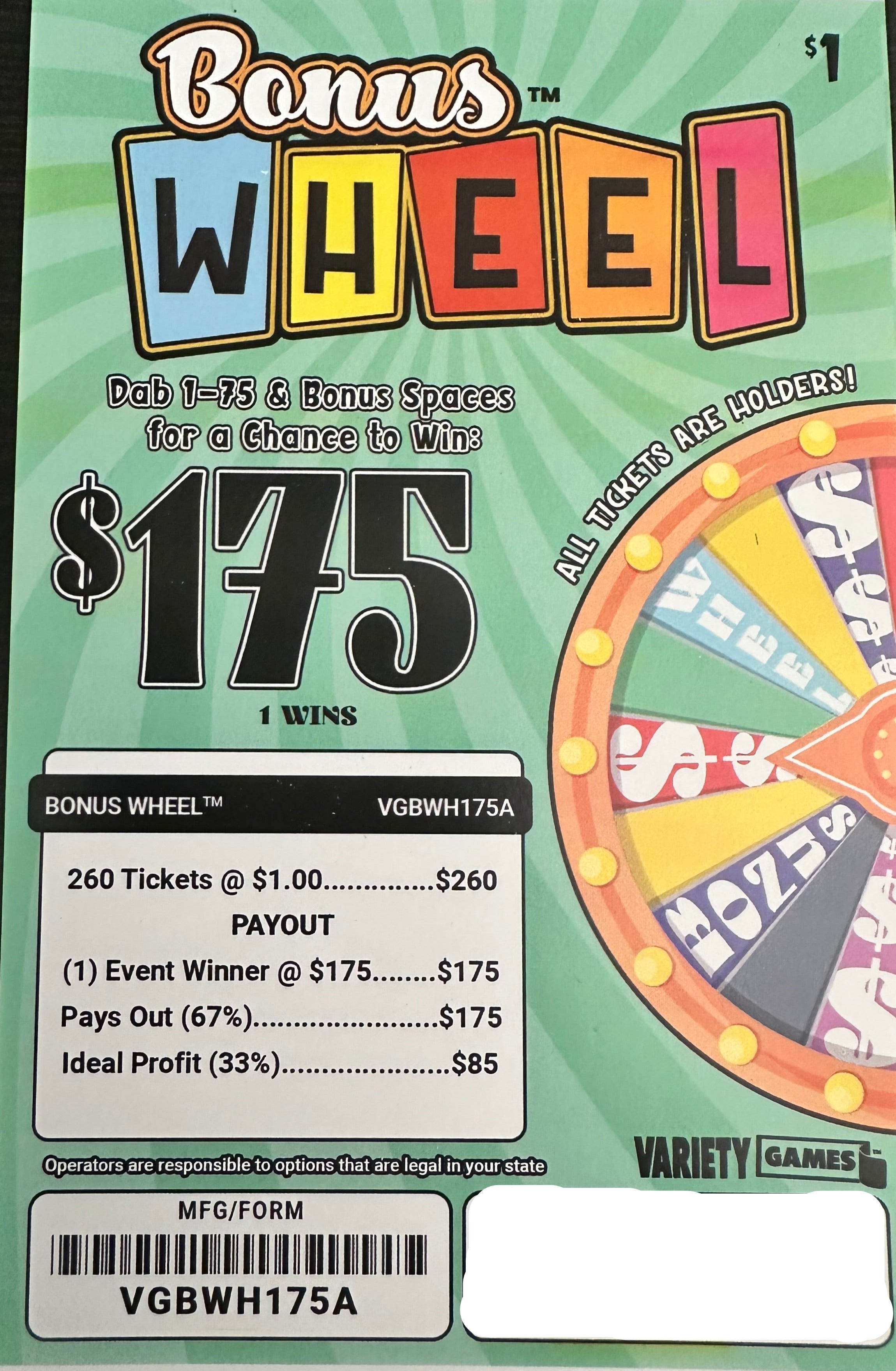 Bonus Wheel $175 260ct