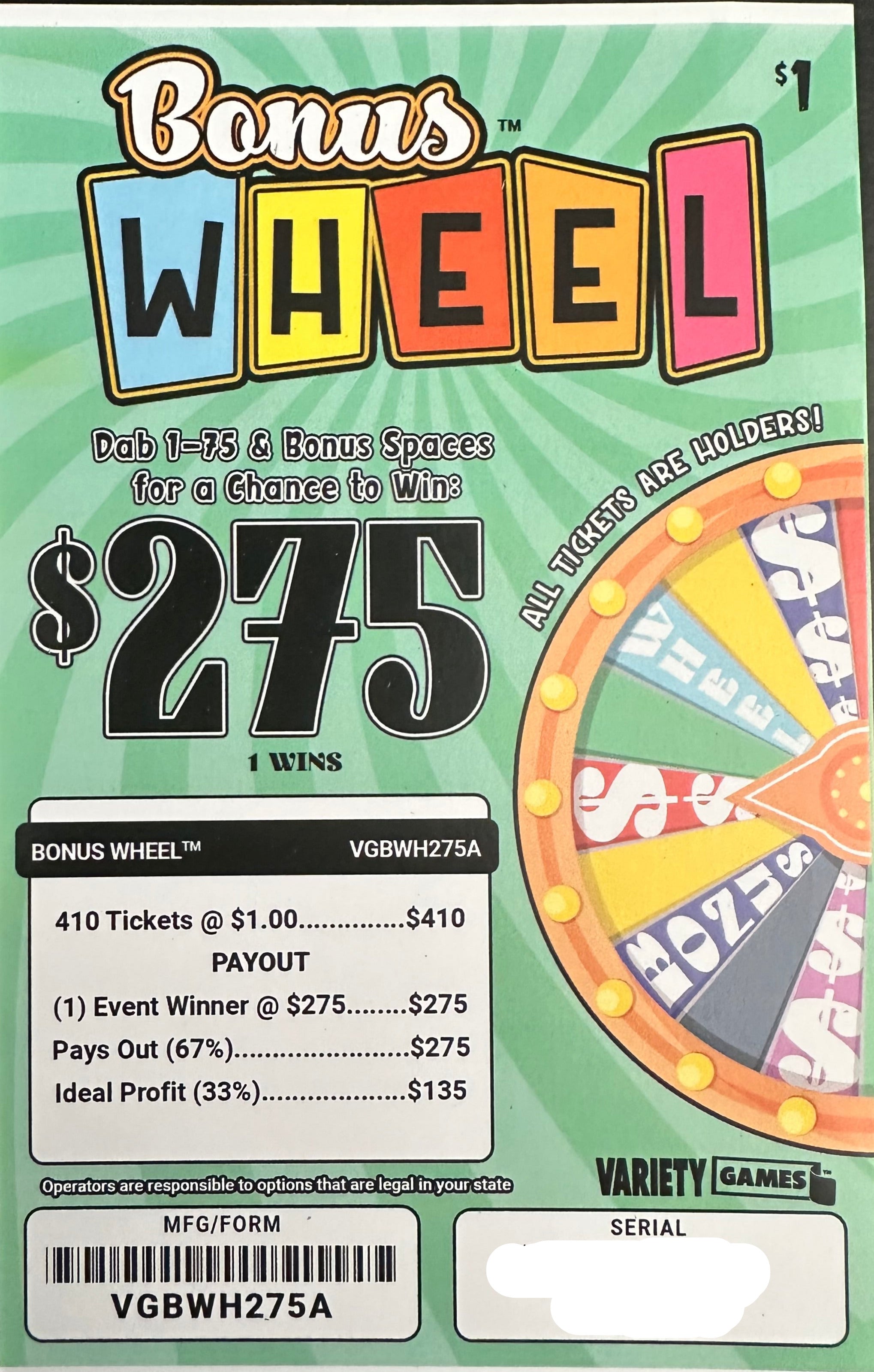 Bonus Wheel $275 410ct
