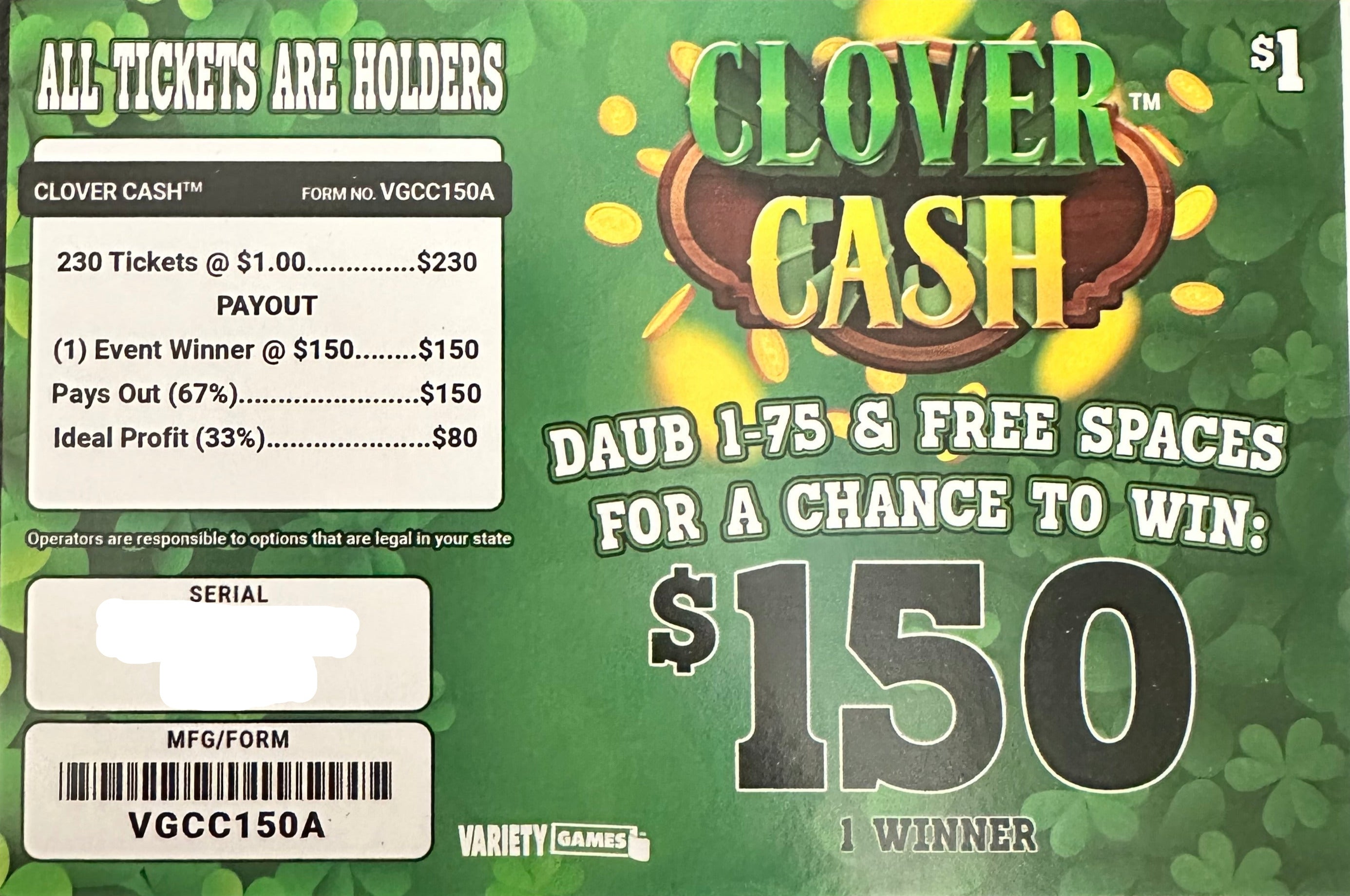 Clover Cash $150 230ct