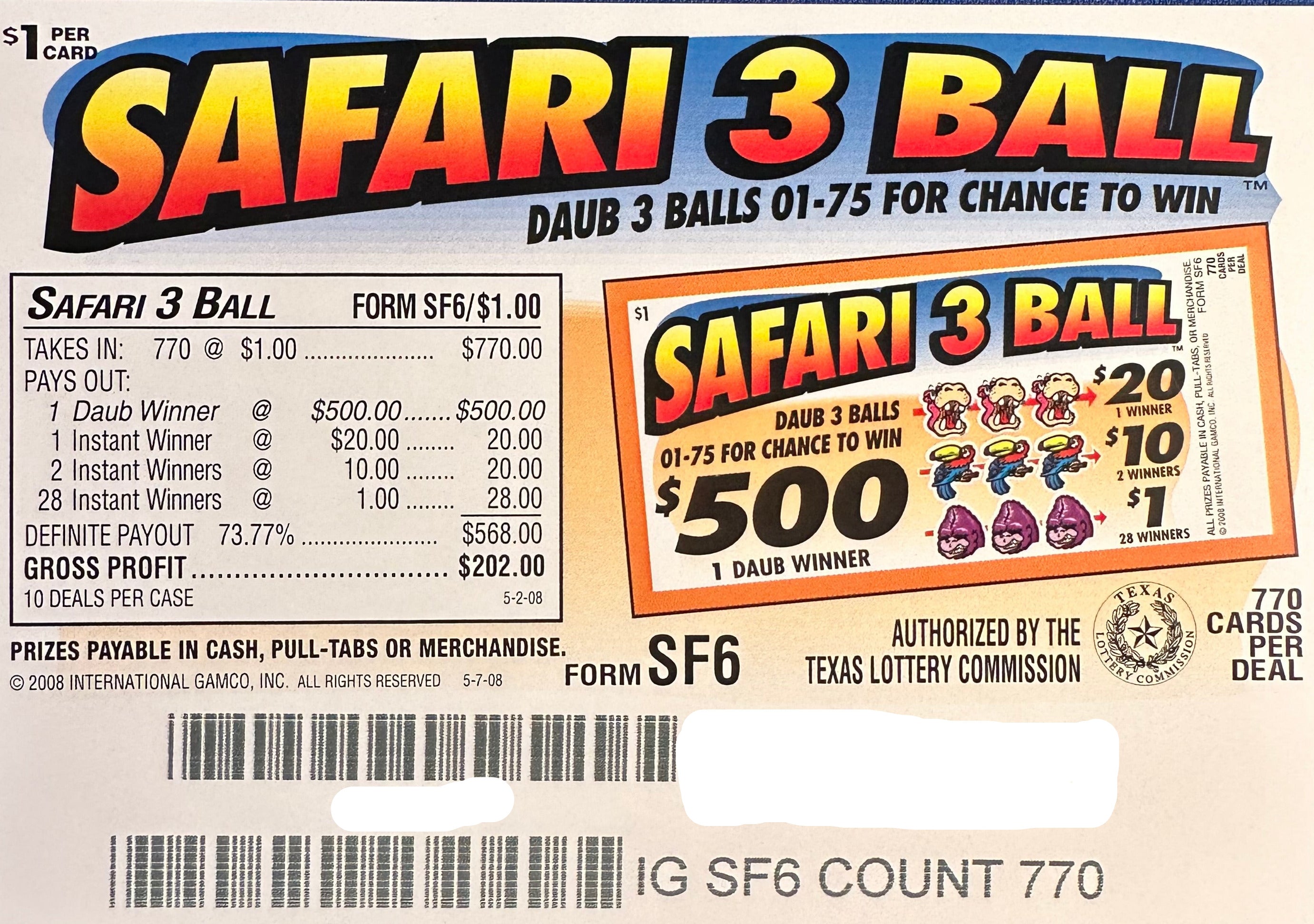 Safari 3 Ball $500 770ct