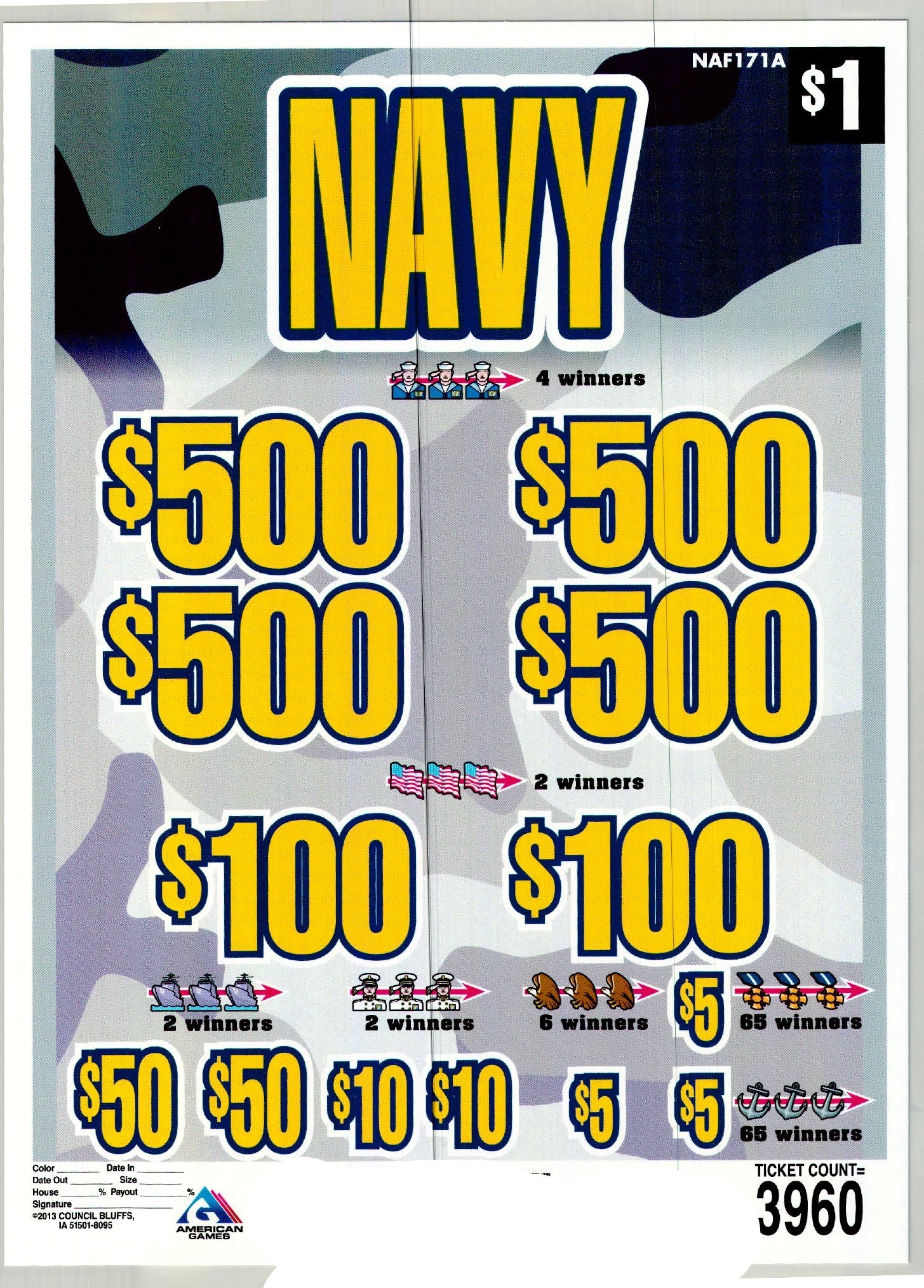 Navy-themed instant win pull tab ticket with various prize amounts and a blue camouflage pattern.